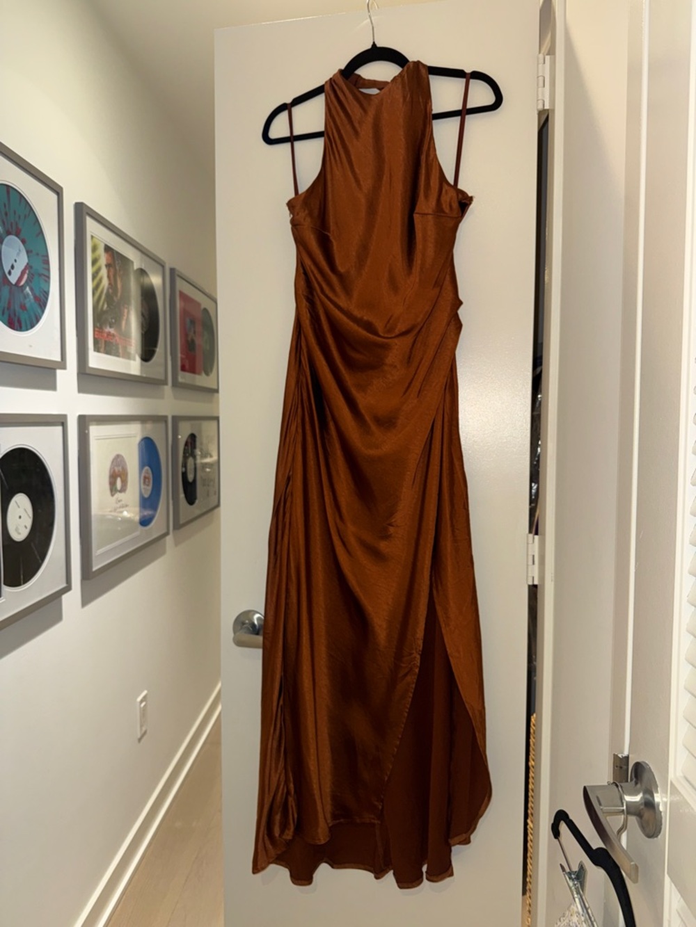 NWT Seflie Leslie Satin Chocolate Brown Halter Backless Maxi Dress Size XL